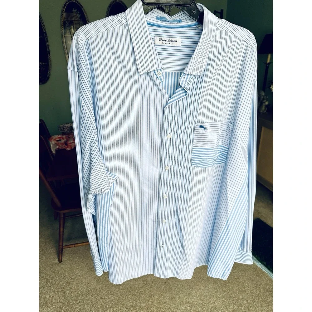 Tommy Bahama Shirt Mens Large Blue‎ Siesta Key Performance Marlin Stretch